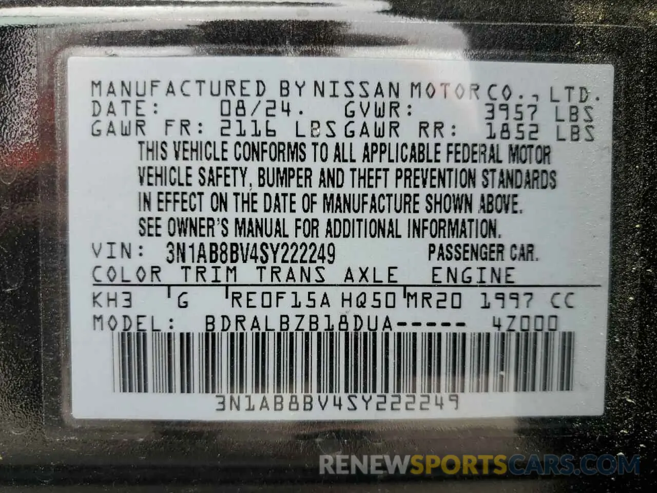 14 Photograph of a damaged car 3N1AB8BV4SY222249 NISSAN SENTRA 2025
