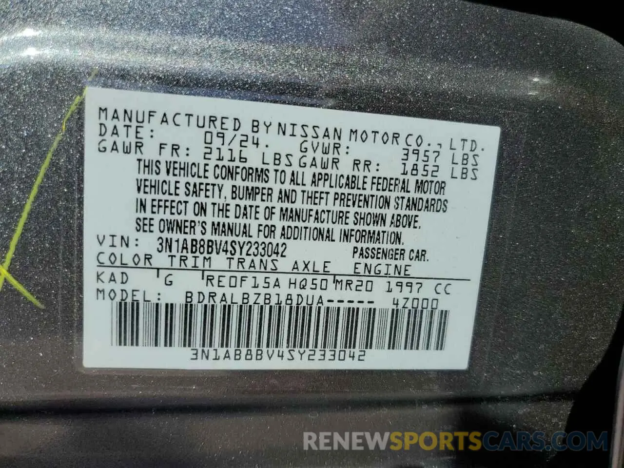 14 Photograph of a damaged car 3N1AB8BV4SY233042 NISSAN SENTRA 2025