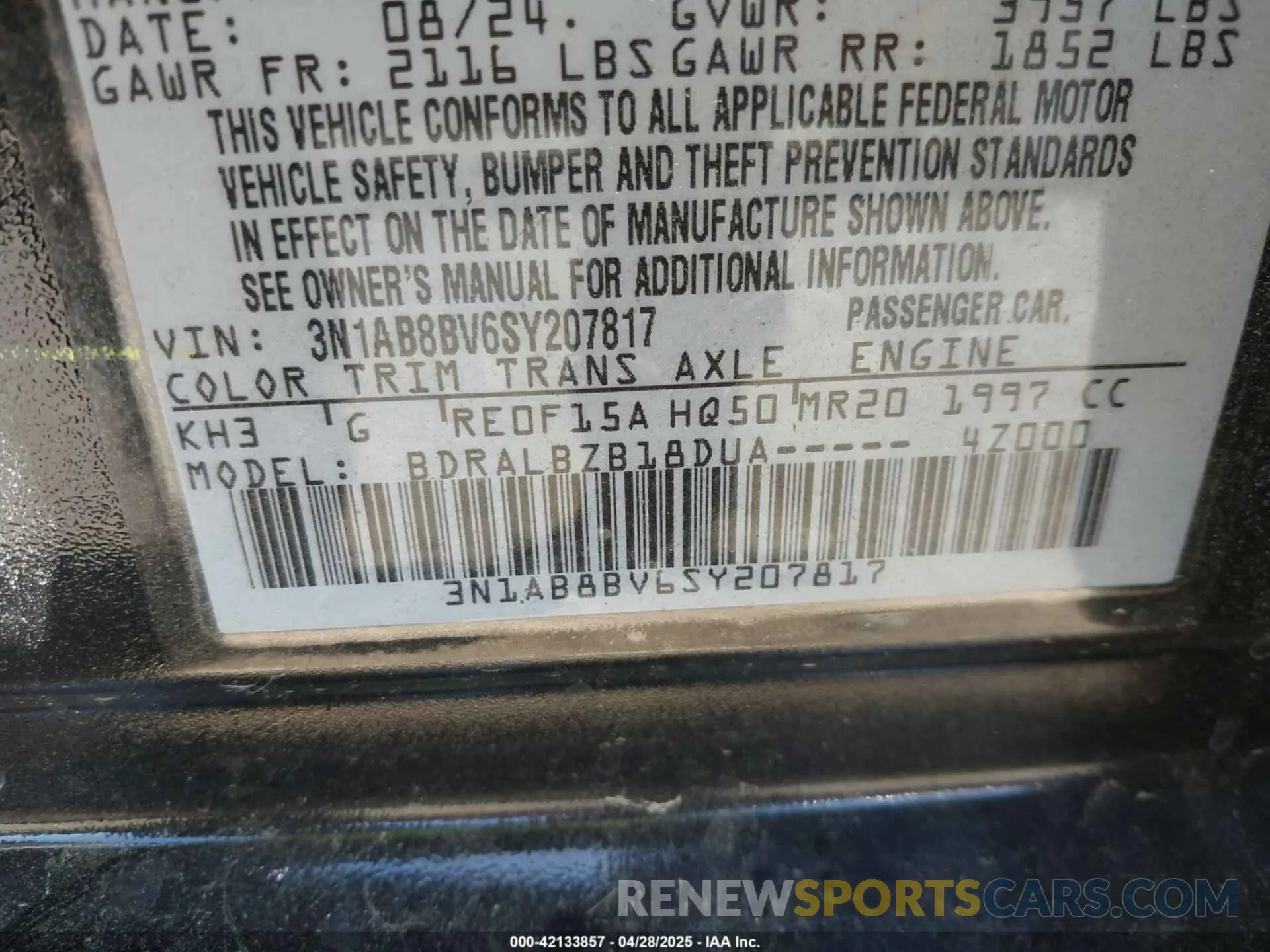 9 Photograph of a damaged car 3N1AB8BV6SY207817 NISSAN SENTRA 2025