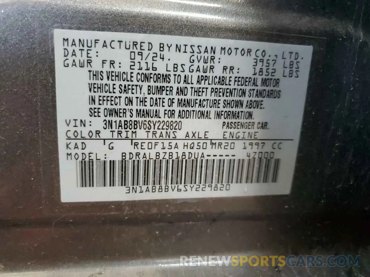 13 Photograph of a damaged car 3N1AB8BV6SY229820 NISSAN SENTRA 2025