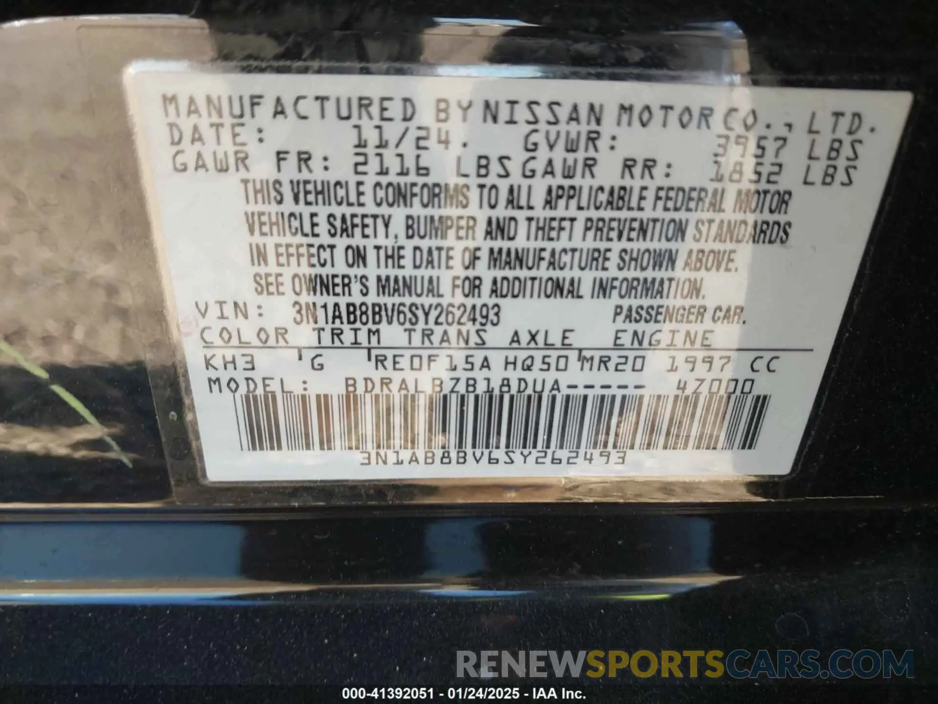 9 Photograph of a damaged car 3N1AB8BV6SY262493 NISSAN SENTRA 2025