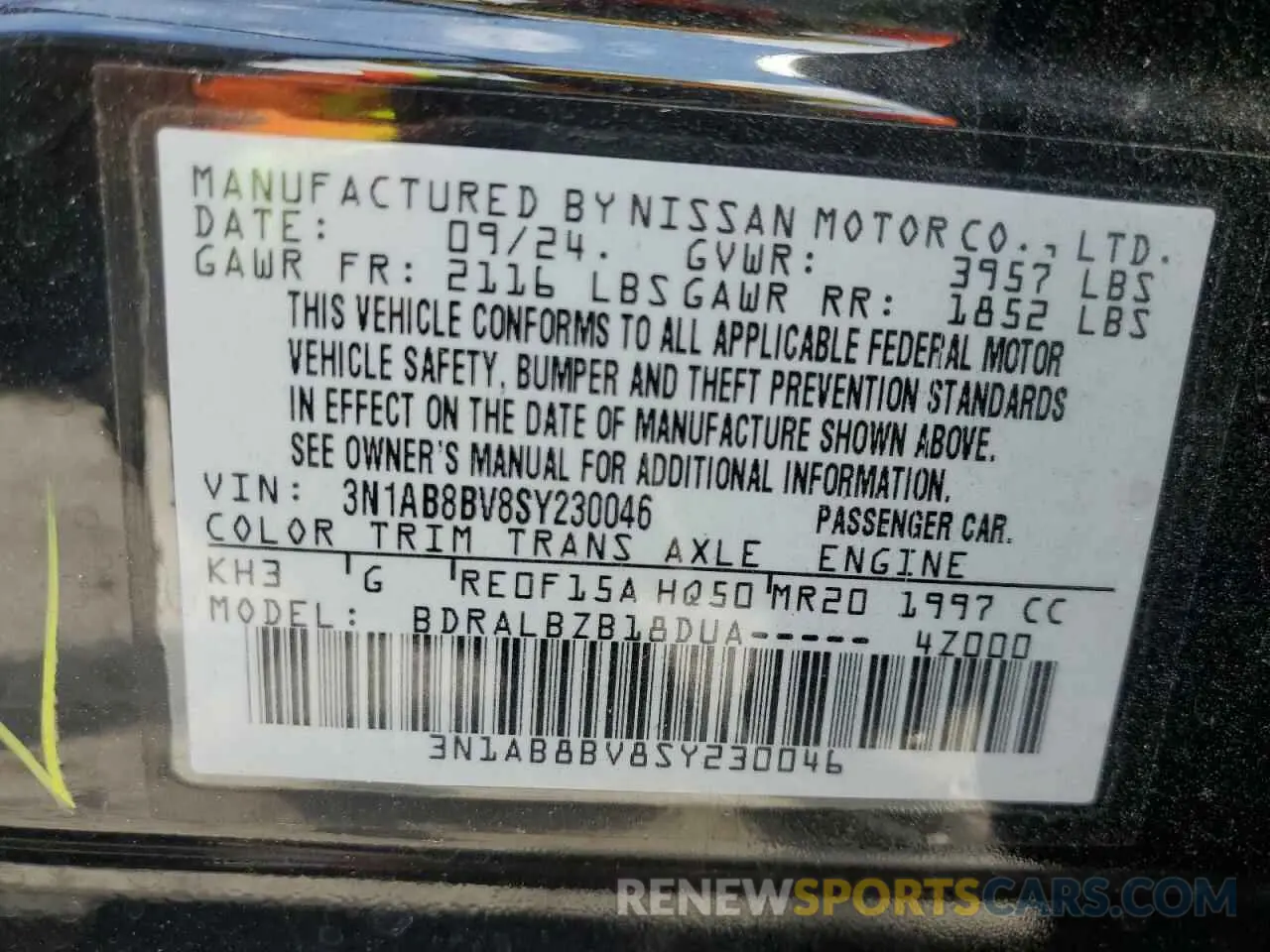 12 Photograph of a damaged car 3N1AB8BV8SY230046 NISSAN SENTRA 2025
