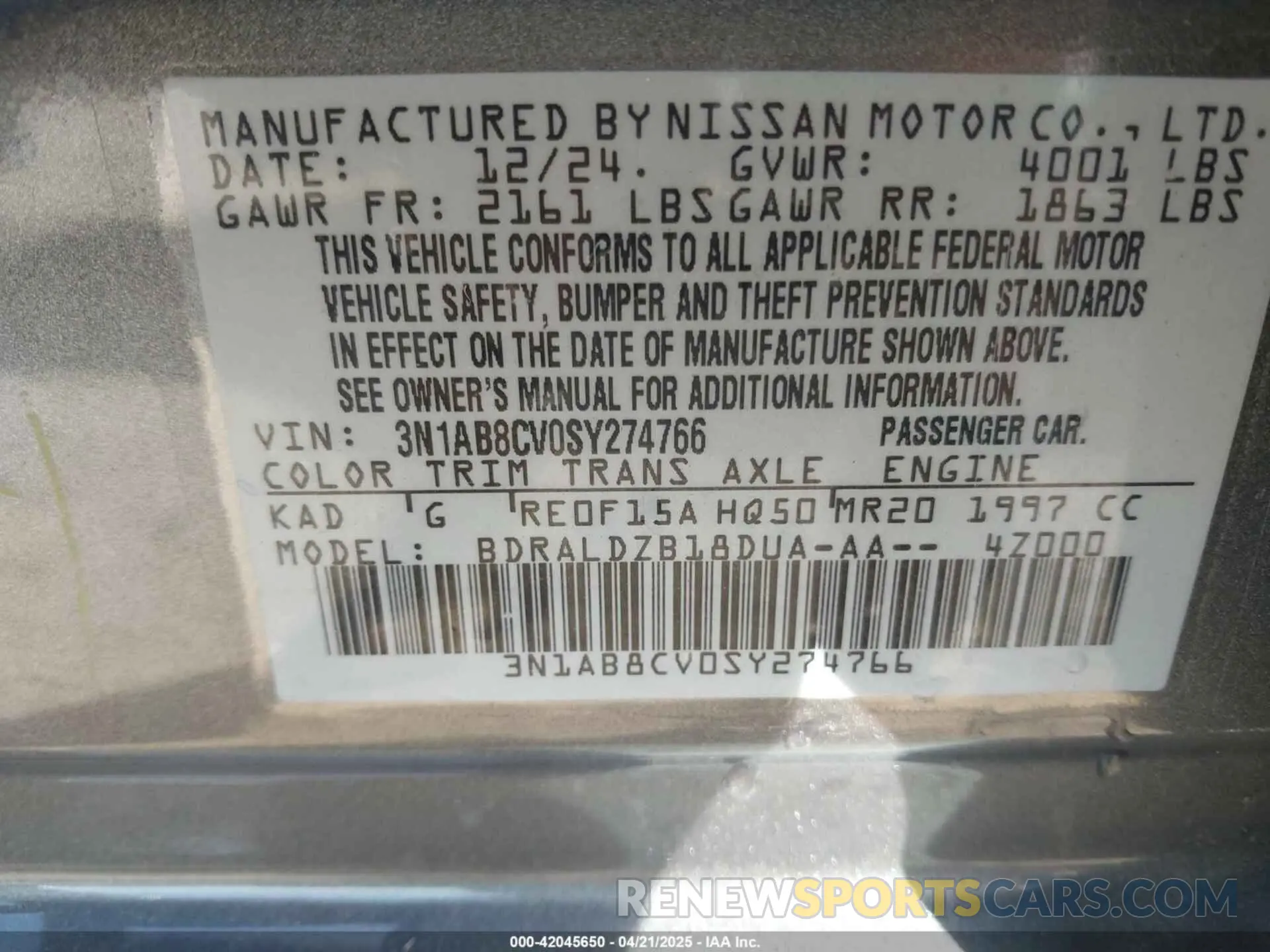 9 Photograph of a damaged car 3N1AB8CV0SY274766 NISSAN SENTRA 2025
