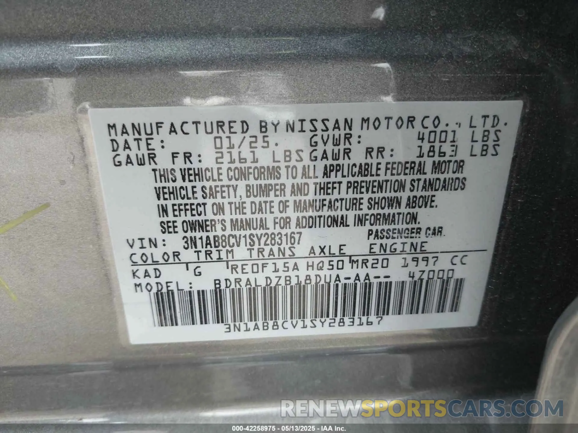 9 Photograph of a damaged car 3N1AB8CV1SY283167 NISSAN SENTRA 2025