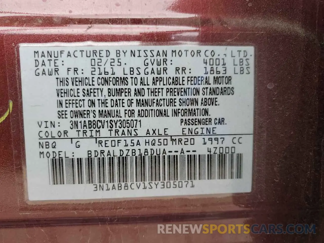 12 Photograph of a damaged car 3N1AB8CV1SY305071 NISSAN SENTRA 2025