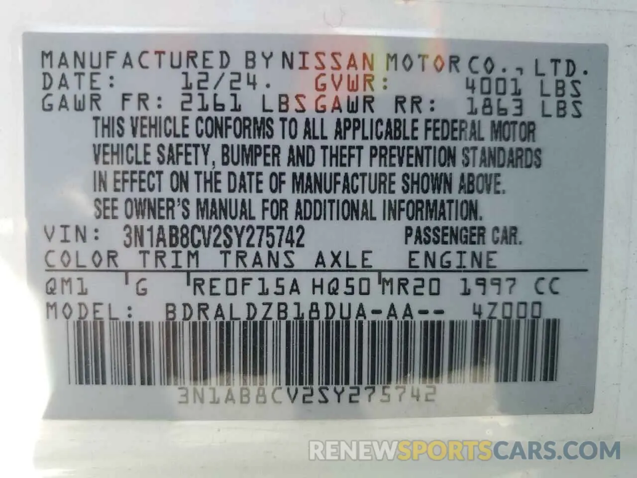 12 Photograph of a damaged car 3N1AB8CV2SY275742 NISSAN SENTRA 2025