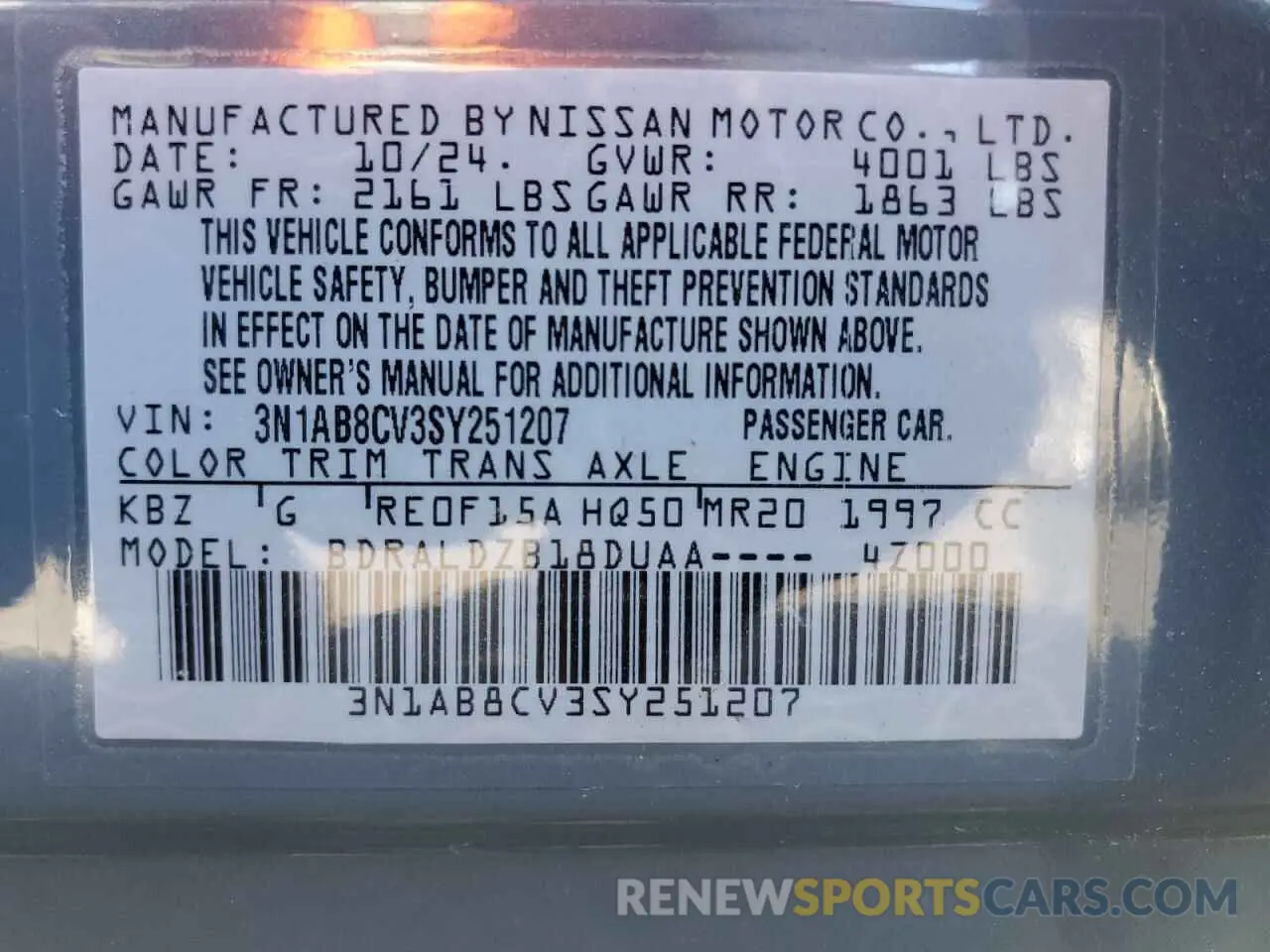 15 Photograph of a damaged car 3N1AB8CV3SY251207 NISSAN SENTRA 2025