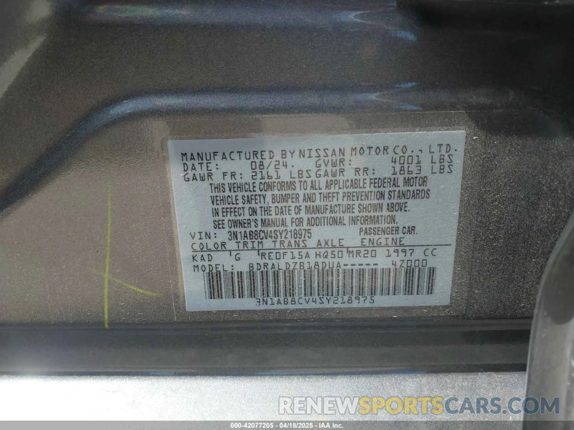 9 Photograph of a damaged car 3N1AB8CV4SY218975 NISSAN SENTRA 2025