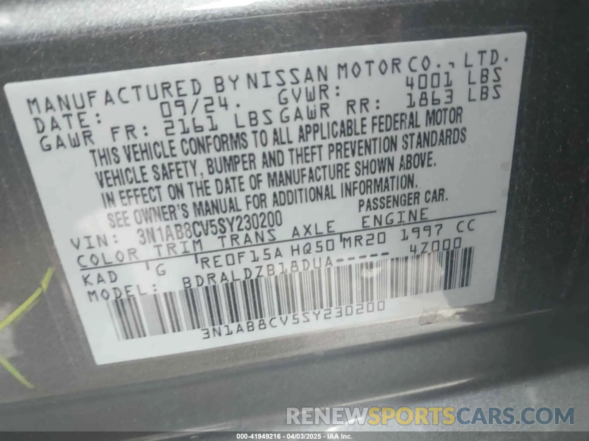 9 Photograph of a damaged car 3N1AB8CV5SY230200 NISSAN SENTRA 2025