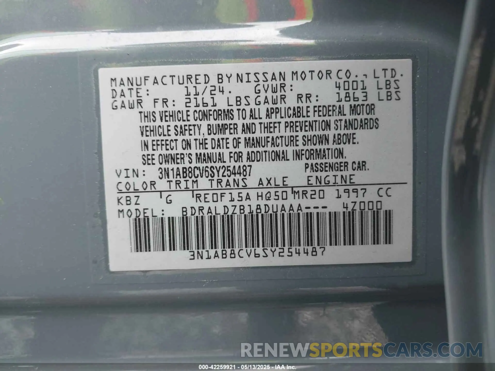 9 Photograph of a damaged car 3N1AB8CV6SY254487 NISSAN SENTRA 2025