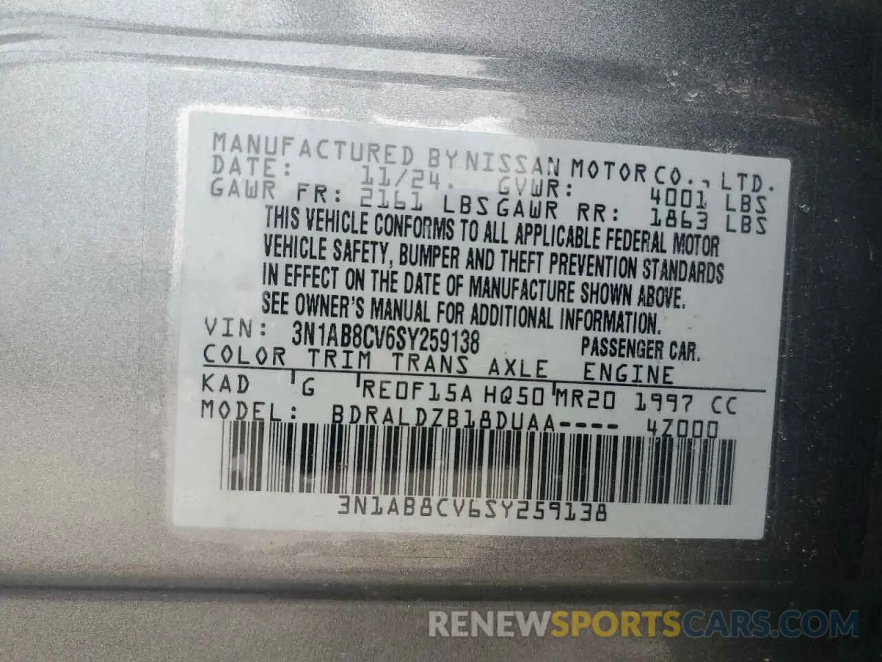 12 Photograph of a damaged car 3N1AB8CV6SY259138 NISSAN SENTRA 2025