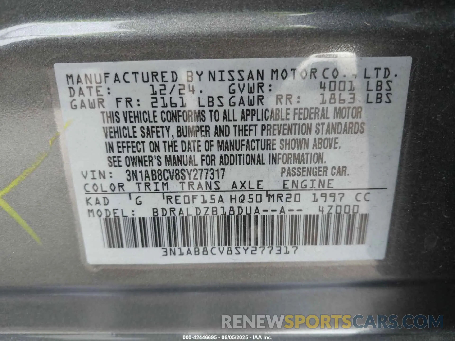 9 Photograph of a damaged car 3N1AB8CV8SY277317 NISSAN SENTRA 2025