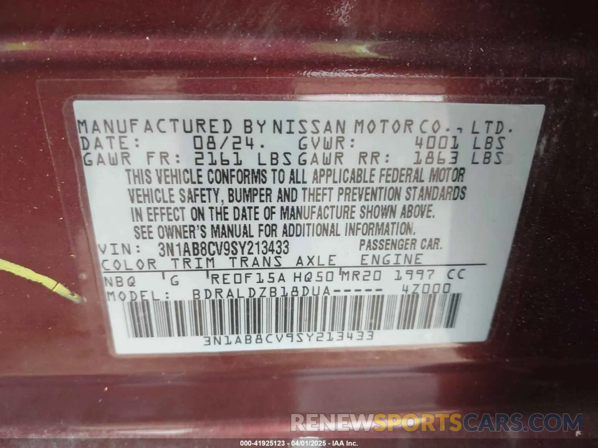 9 Photograph of a damaged car 3N1AB8CV9SY213433 NISSAN SENTRA 2025