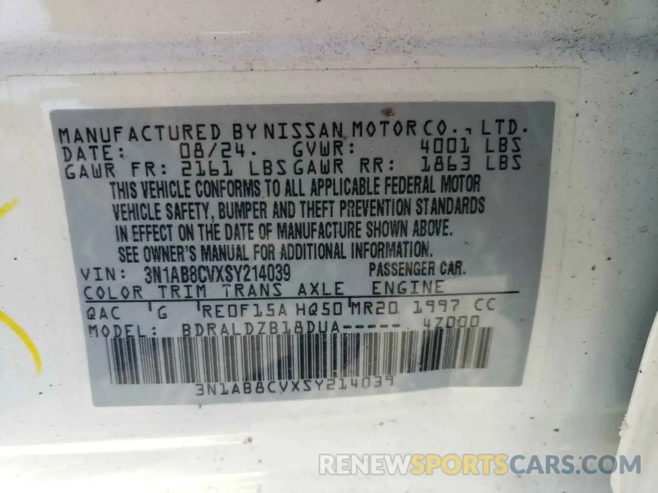 14 Photograph of a damaged car 3N1AB8CVXSY214039 NISSAN SENTRA 2025