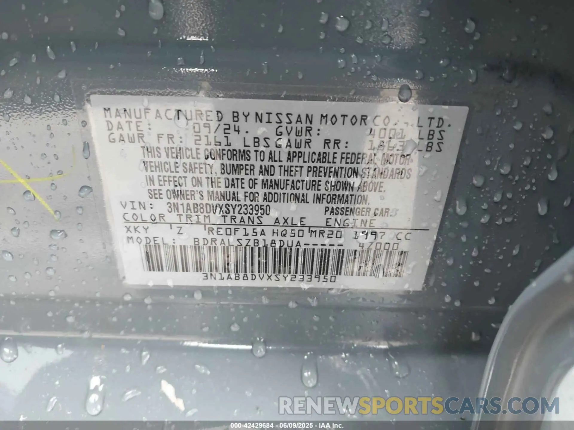 9 Photograph of a damaged car 3N1AB8DVXSY233950 NISSAN SENTRA 2025