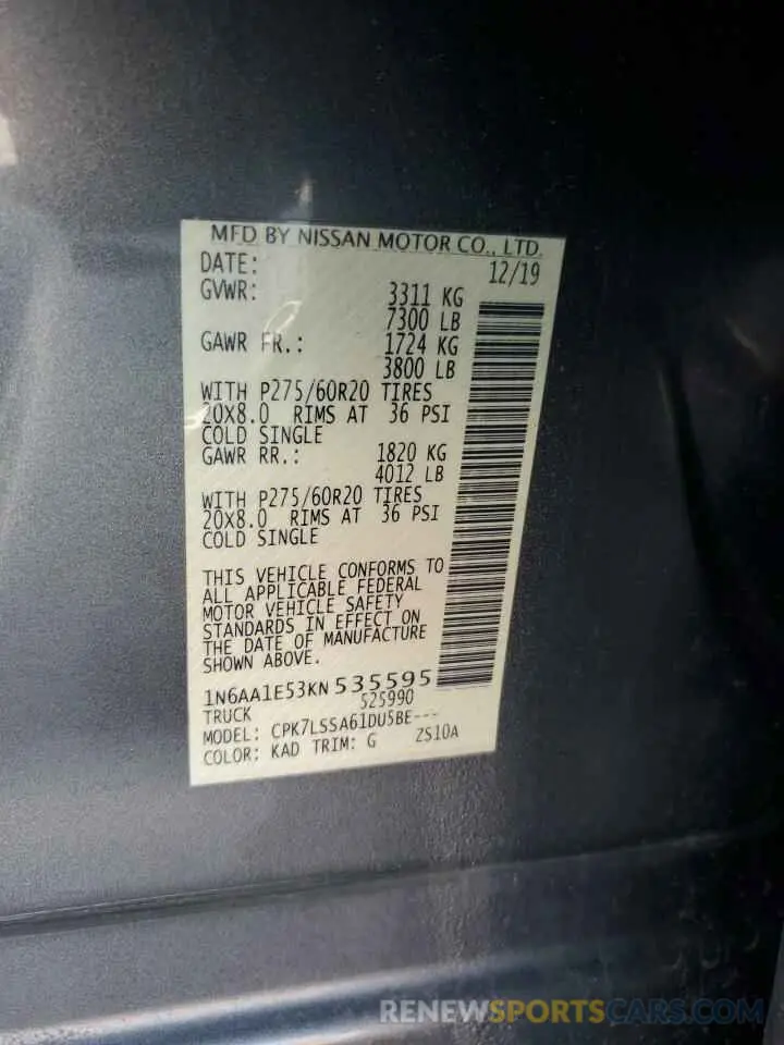 12 Photograph of a damaged car 1N6AA1E53KN535595 NISSAN TITAN 2019