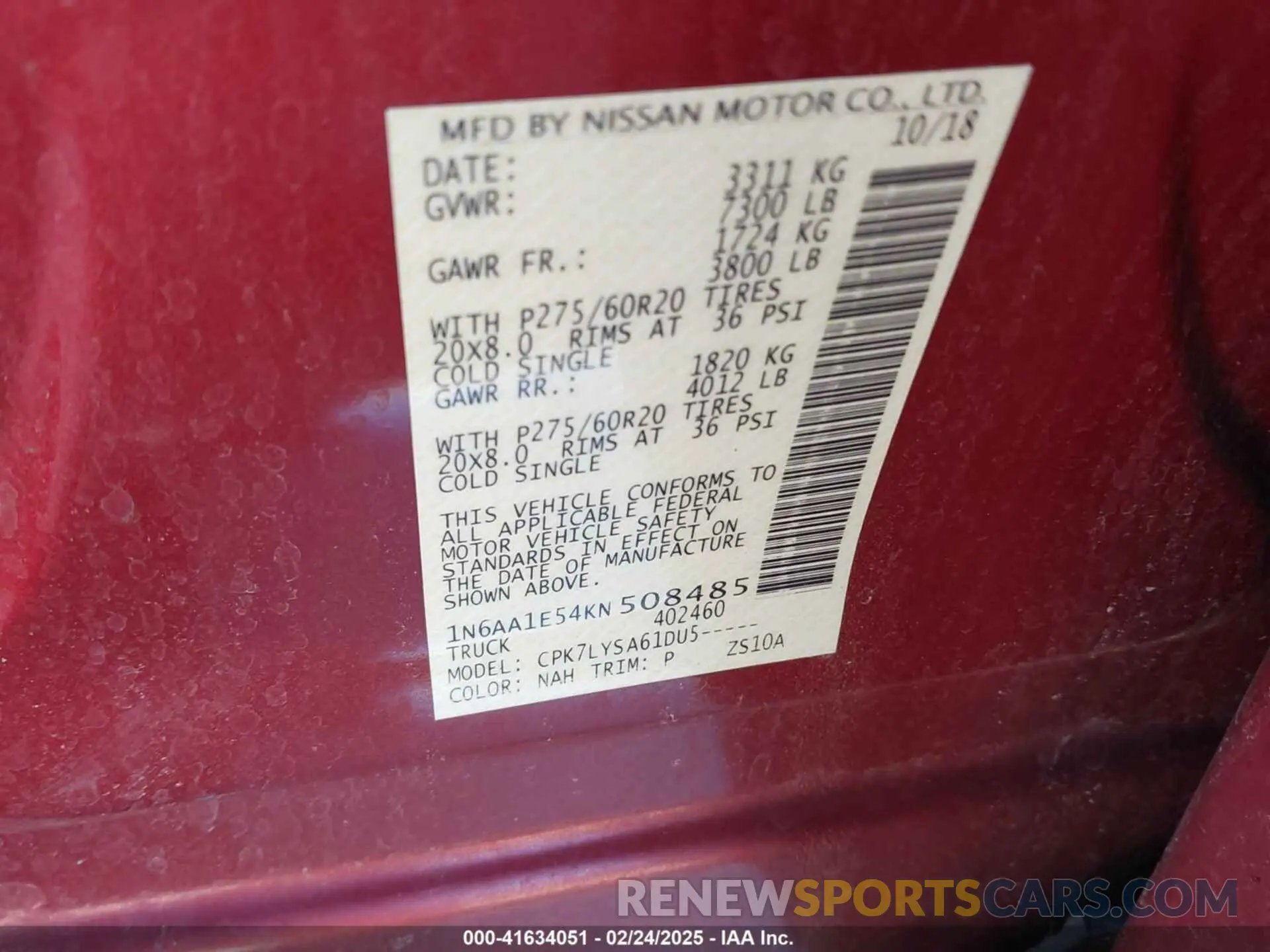 9 Photograph of a damaged car 1N6AA1E54KN508485 NISSAN TITAN 2019