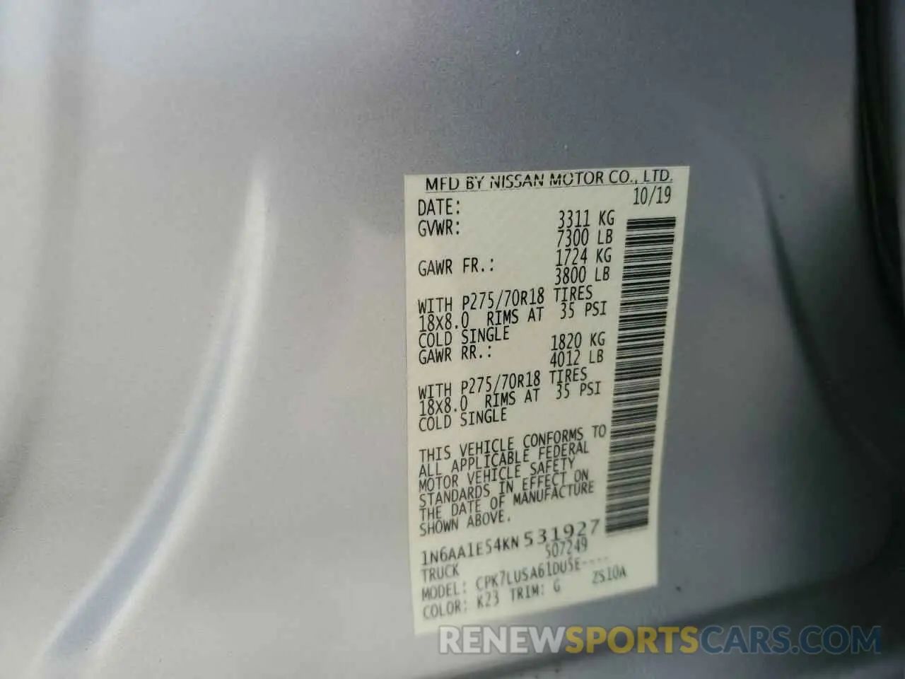 15 Photograph of a damaged car 1N6AA1E54KN531927 NISSAN TITAN 2019
