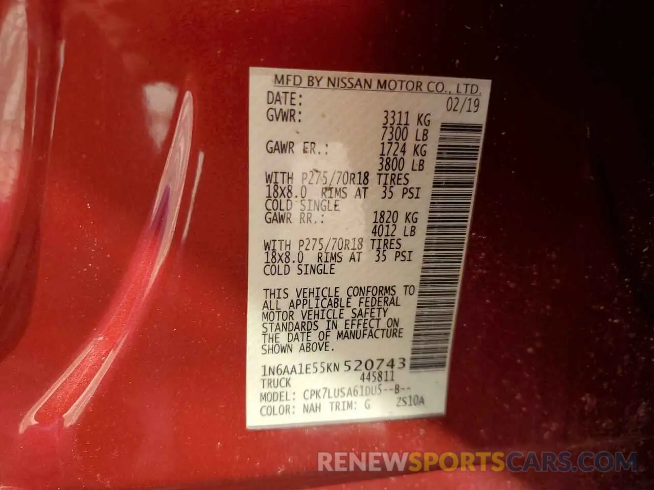 12 Photograph of a damaged car 1N6AA1E55KN520743 NISSAN TITAN 2019