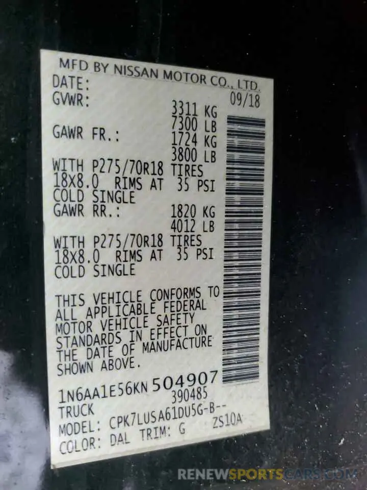 12 Photograph of a damaged car 1N6AA1E56KN504907 NISSAN TITAN 2019