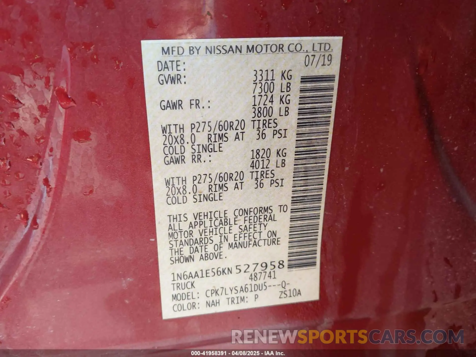 9 Photograph of a damaged car 1N6AA1E56KN527958 NISSAN TITAN 2019