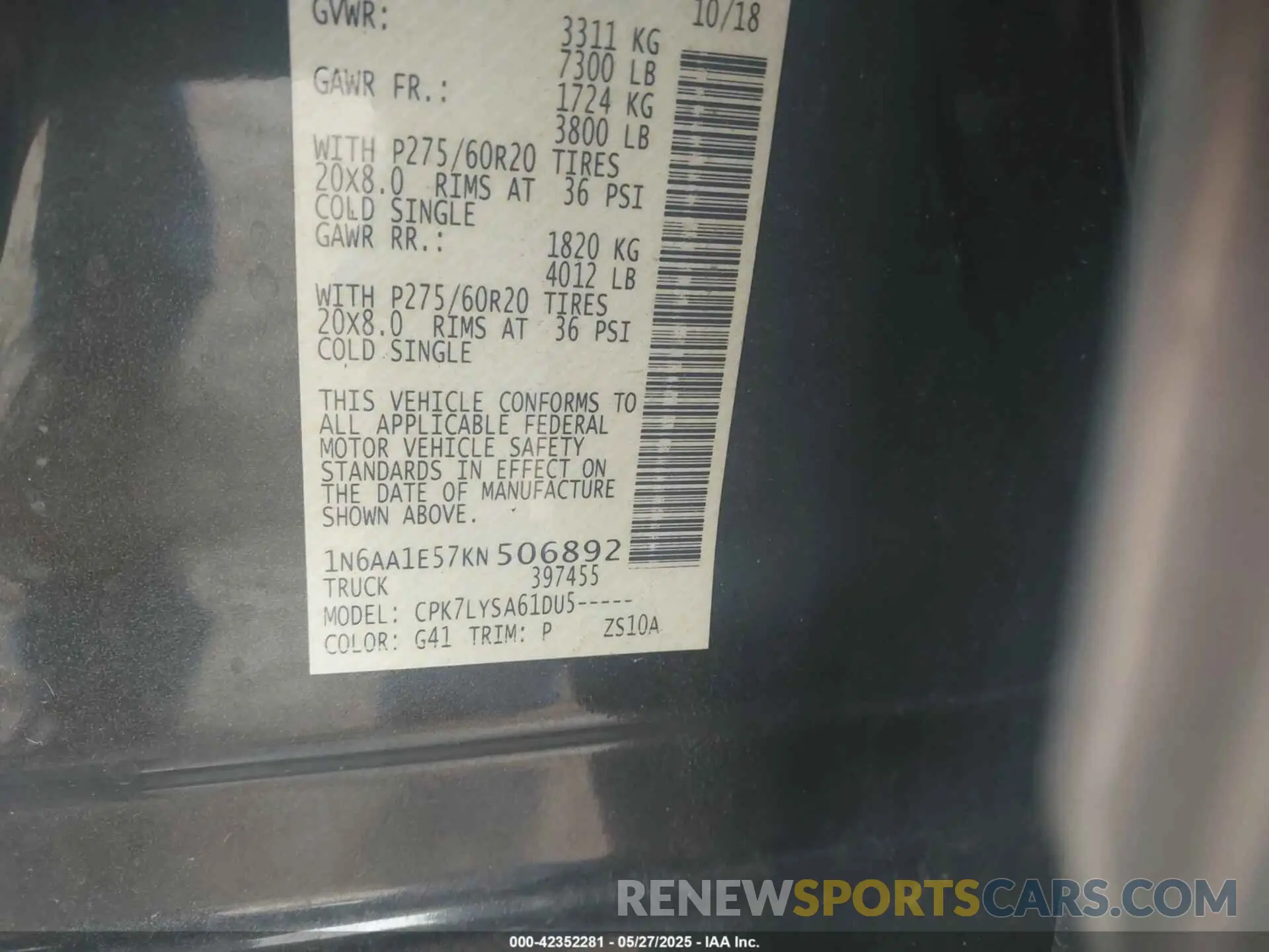 9 Photograph of a damaged car 1N6AA1E57KN506892 NISSAN TITAN 2019