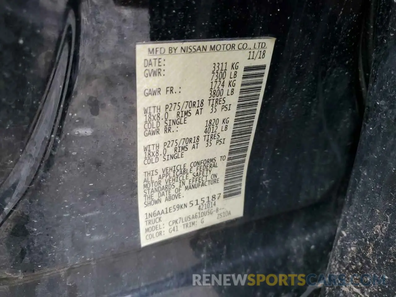 13 Photograph of a damaged car 1N6AA1E59KN515187 NISSAN TITAN 2019