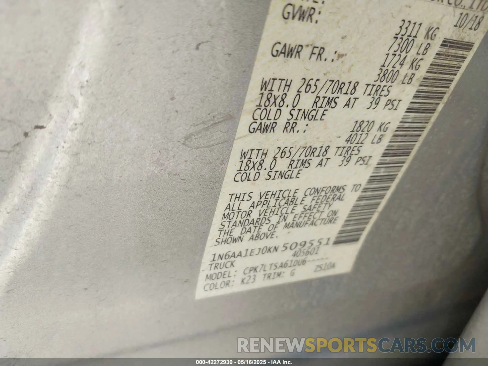 9 Photograph of a damaged car 1N6AA1EJ0KN509551 NISSAN TITAN 2019