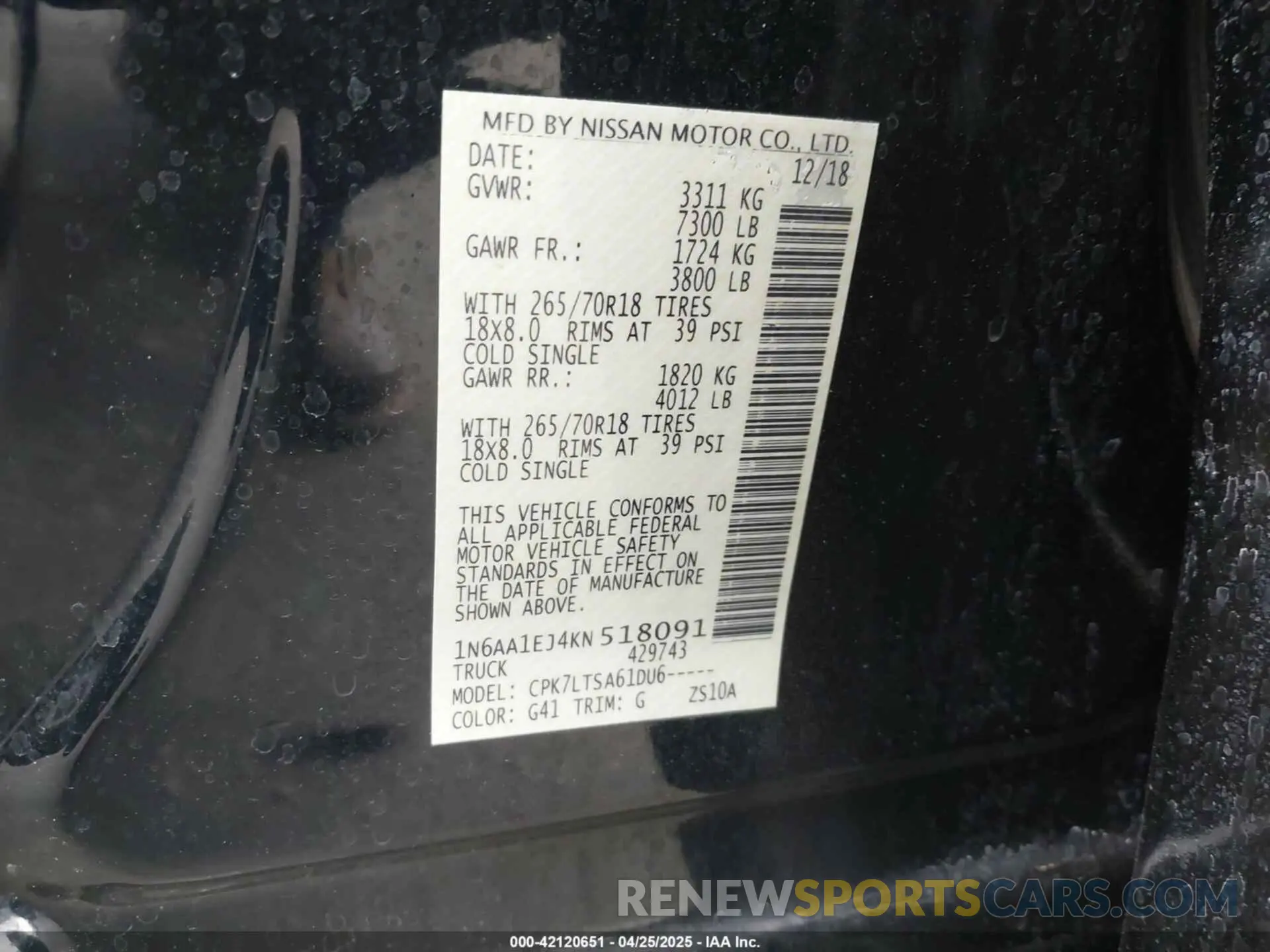 9 Photograph of a damaged car 1N6AA1EJ4KN518091 NISSAN TITAN 2019