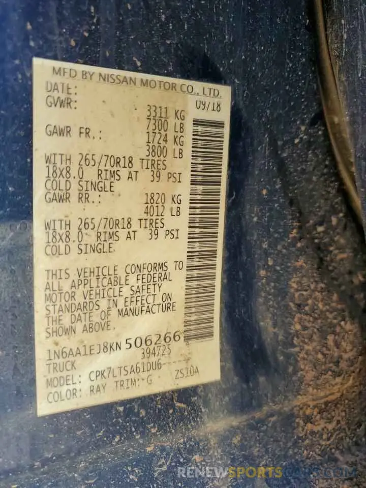12 Photograph of a damaged car 1N6AA1EJ8KN506266 NISSAN TITAN 2019