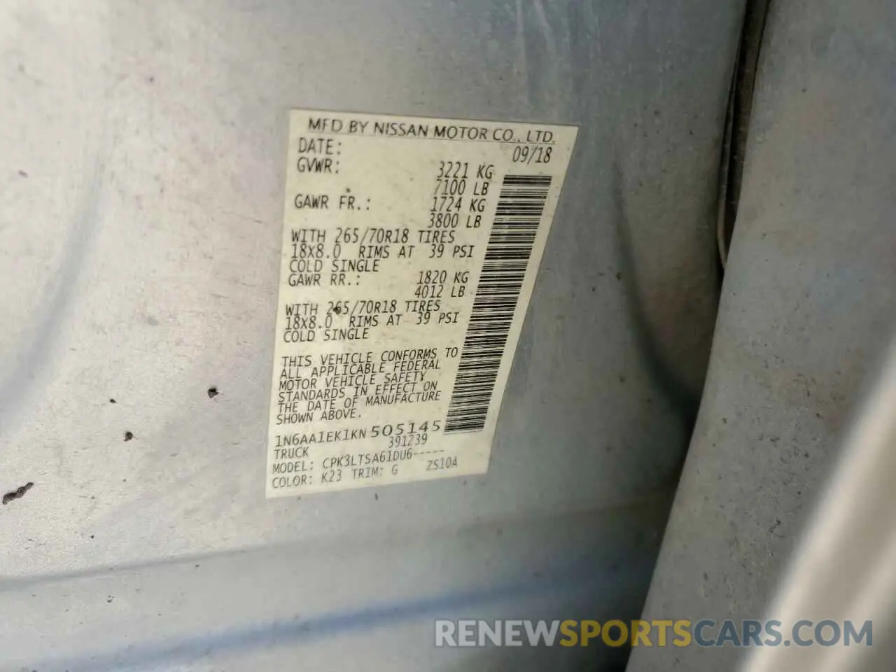 13 Photograph of a damaged car 1N6AA1EK1KN505145 NISSAN TITAN 2019