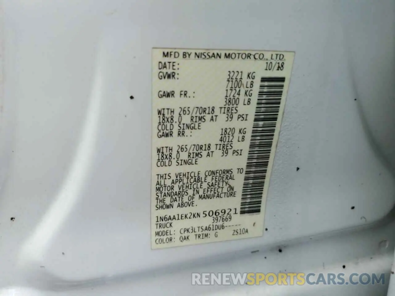 13 Photograph of a damaged car 1N6AA1EK2KN506921 NISSAN TITAN 2019
