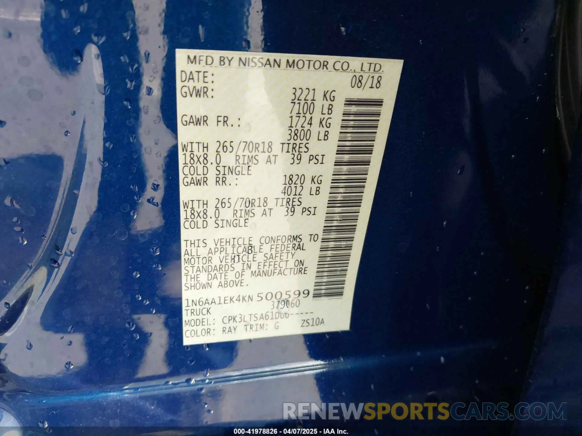 9 Photograph of a damaged car 1N6AA1EK4KN500599 NISSAN TITAN 2019