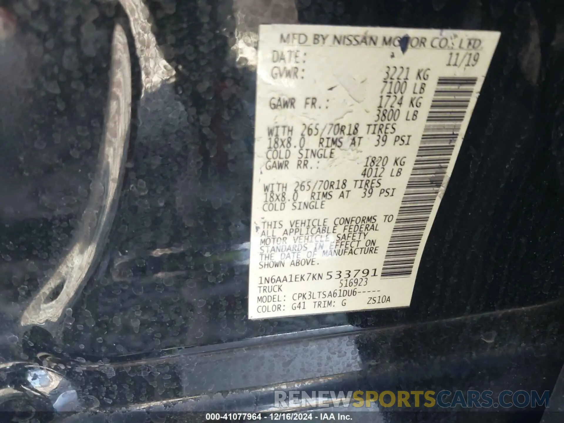 9 Photograph of a damaged car 1N6AA1EK7KN533791 NISSAN TITAN 2019