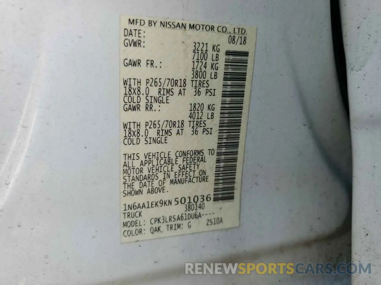 12 Photograph of a damaged car 1N6AA1EK9KN501036 NISSAN TITAN 2019