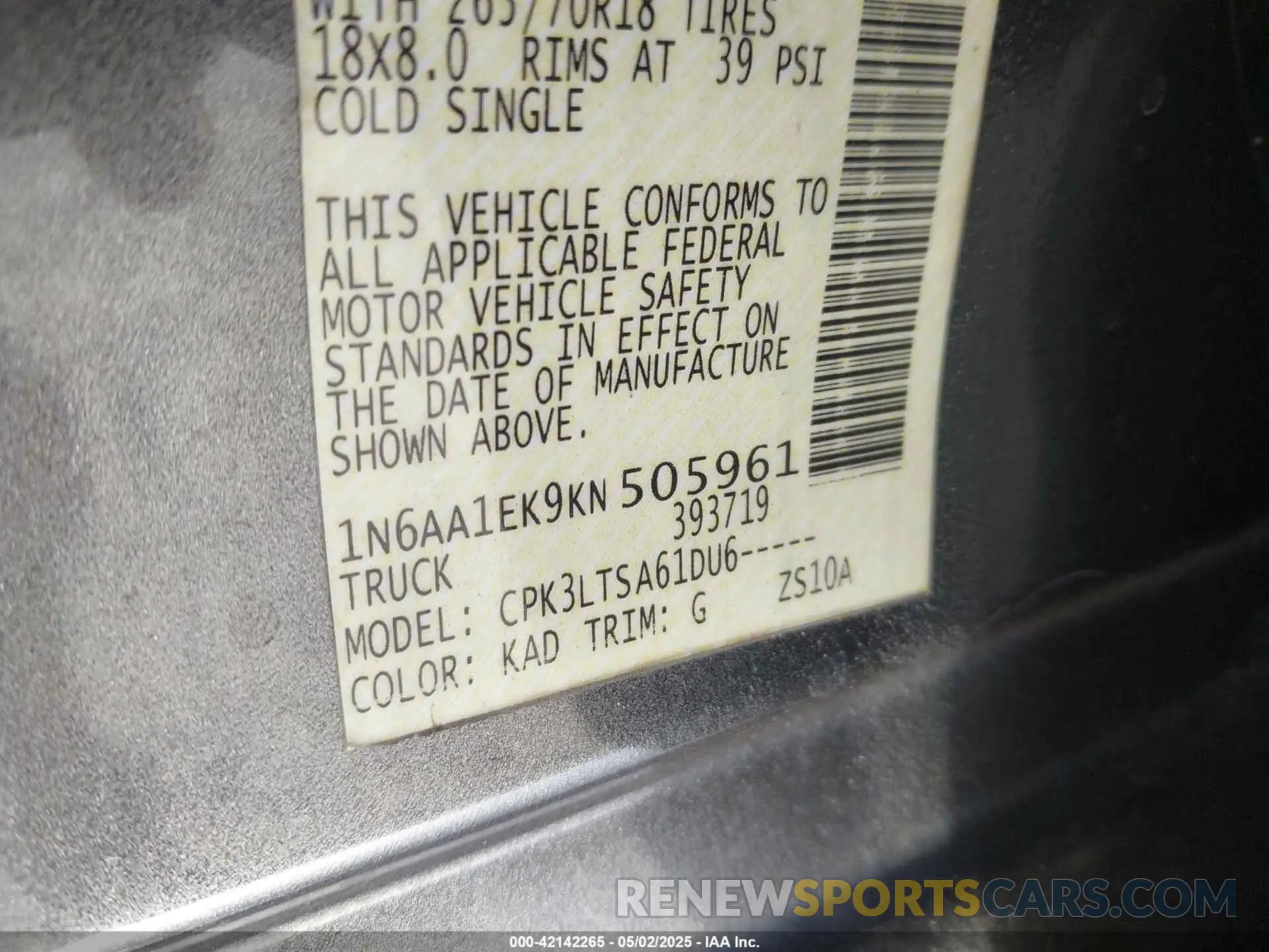 9 Photograph of a damaged car 1N6AA1EK9KN505961 NISSAN TITAN 2019