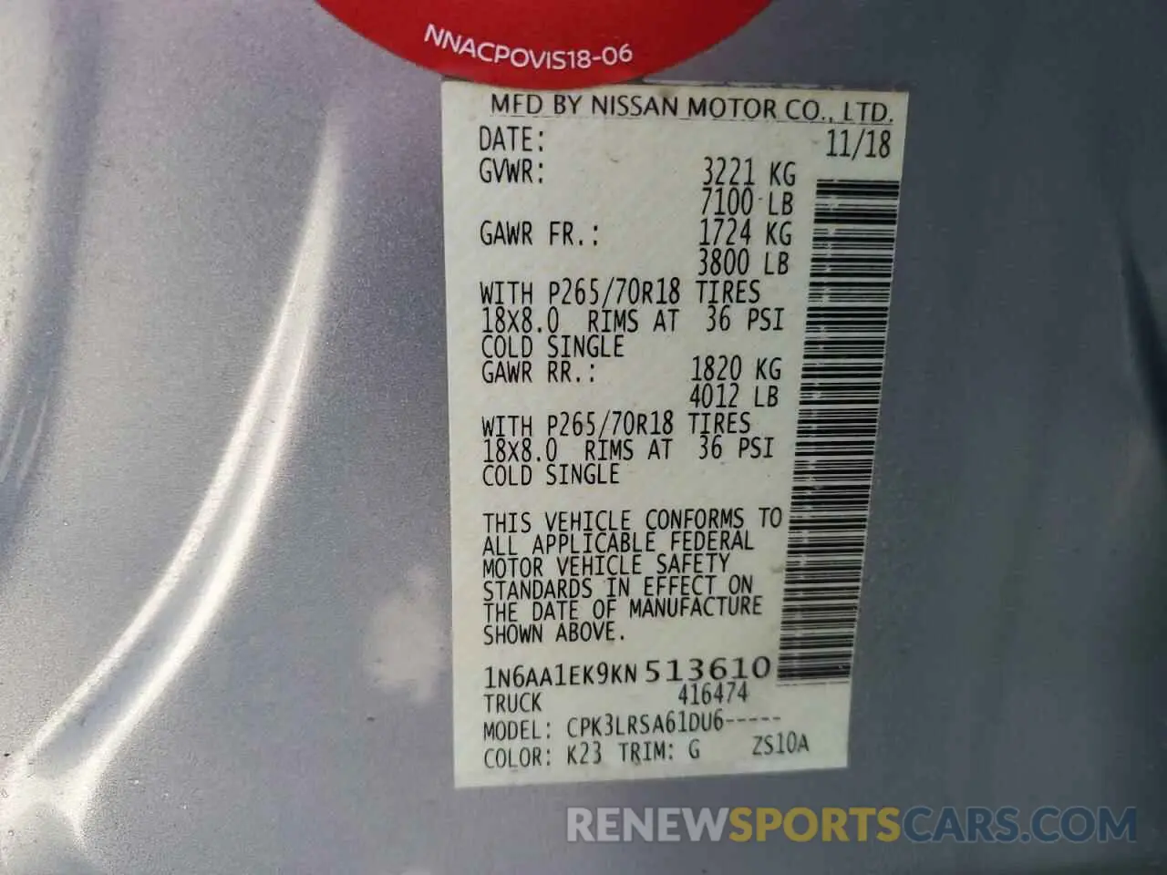 13 Photograph of a damaged car 1N6AA1EK9KN513610 NISSAN TITAN 2019