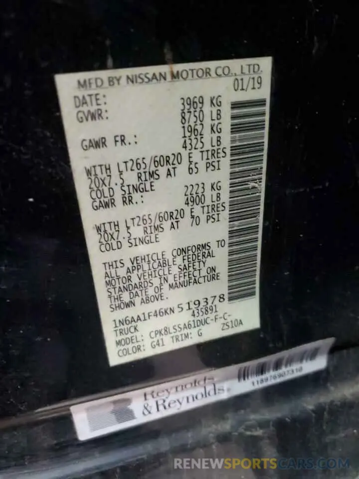 12 Photograph of a damaged car 1N6AA1F46KN519378 NISSAN TITAN 2019