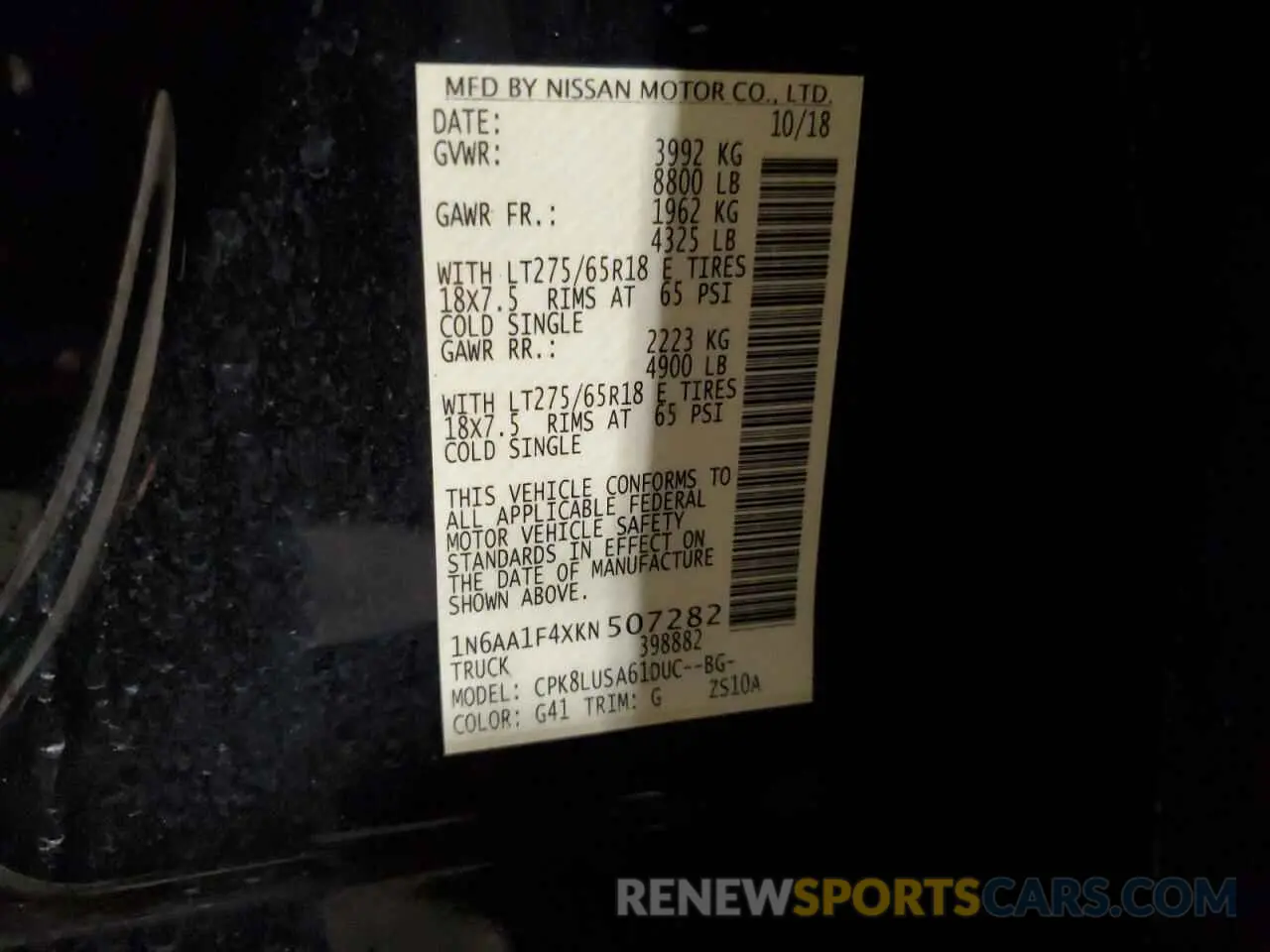 12 Photograph of a damaged car 1N6AA1F4XKN507282 NISSAN TITAN 2019