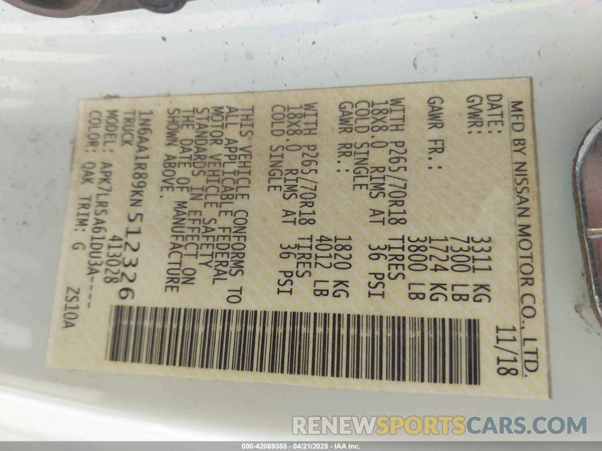 9 Photograph of a damaged car 1N6AA1R89KN512326 NISSAN TITAN 2019
