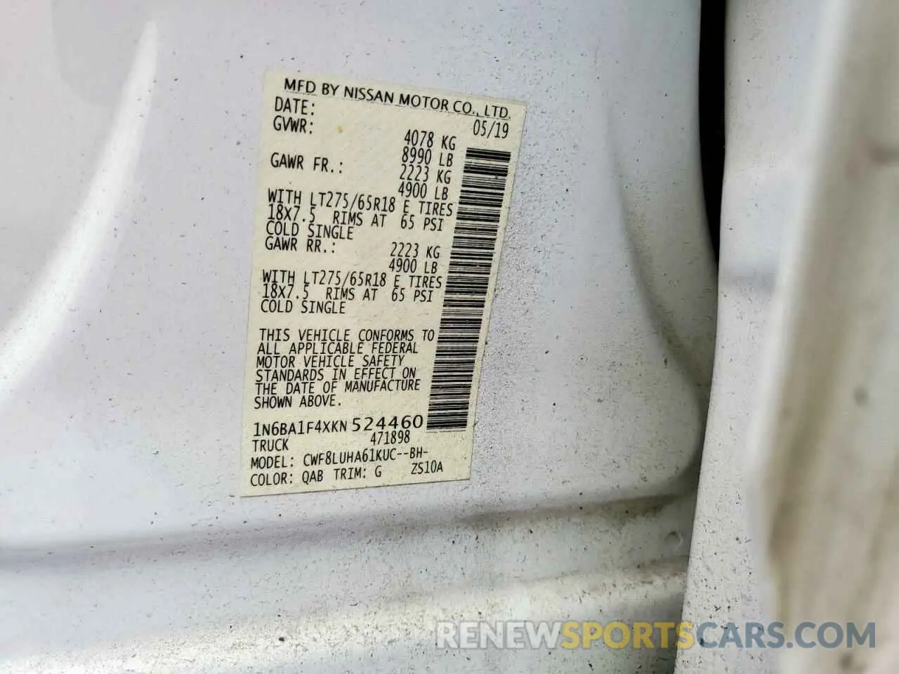 13 Photograph of a damaged car 1N6BA1F4XKN524460 NISSAN TITAN 2019