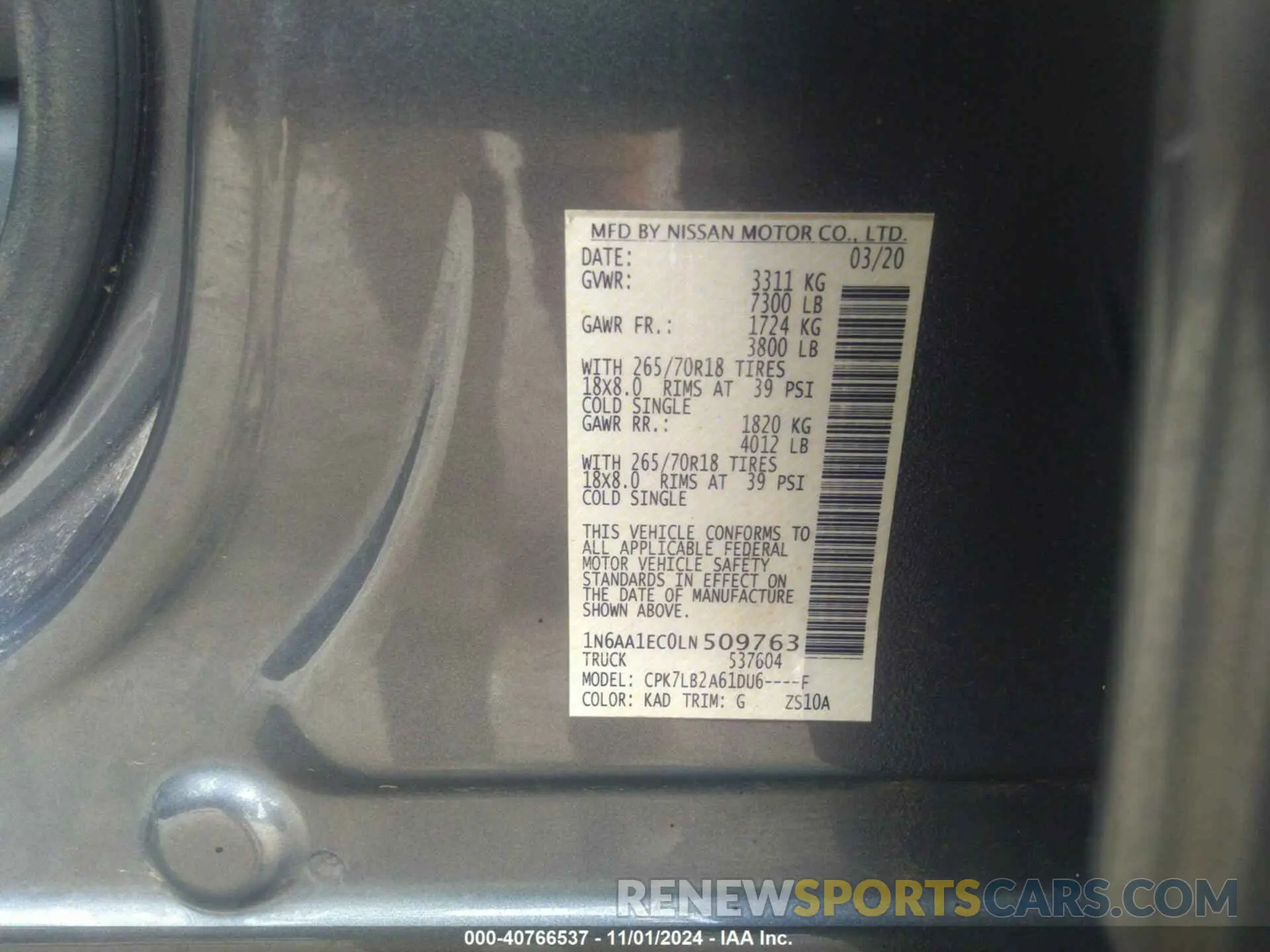 9 Photograph of a damaged car 1N6AA1EC0LN509763 NISSAN TITAN 2020