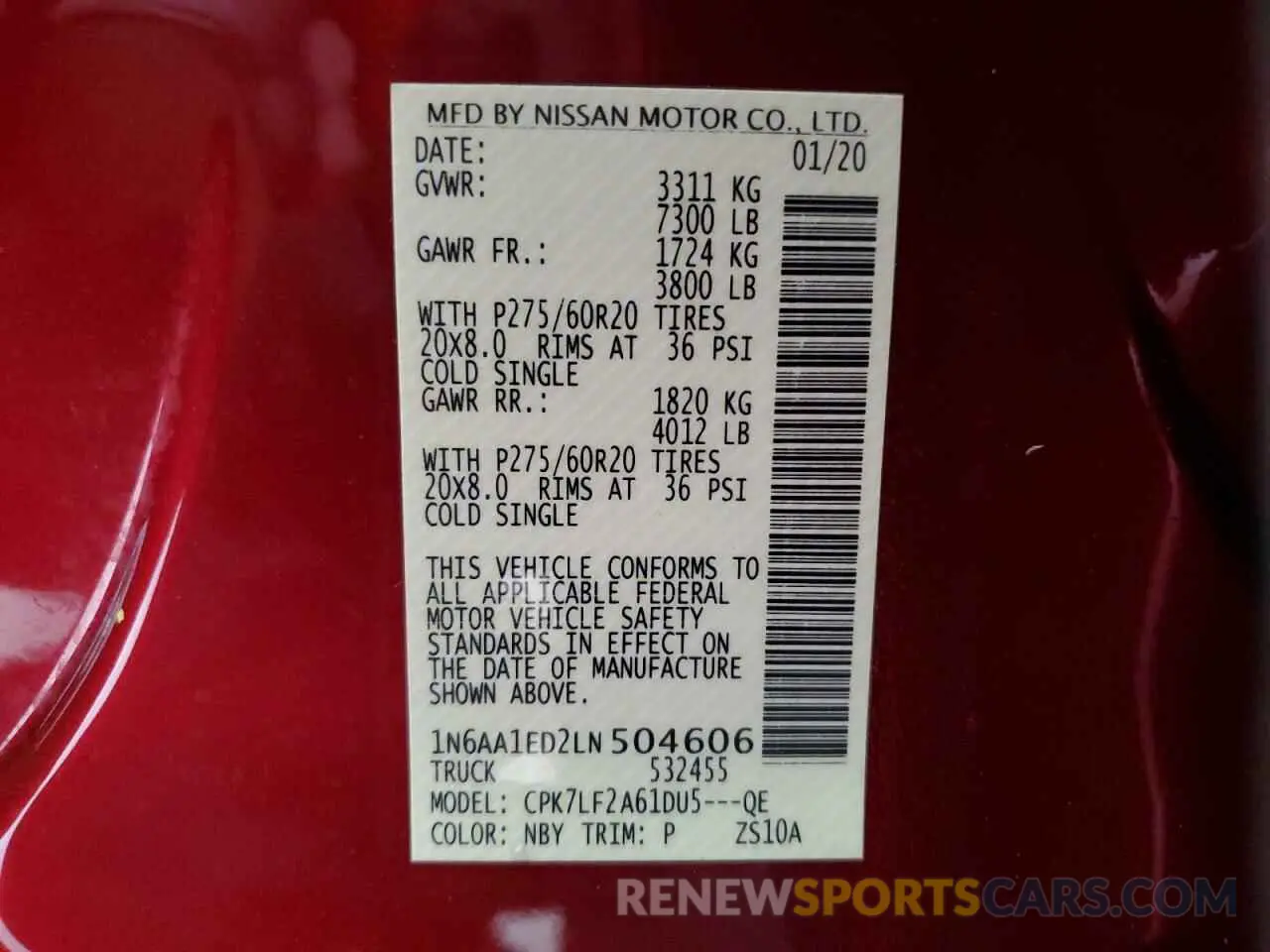 13 Photograph of a damaged car 1N6AA1ED2LN504606 NISSAN TITAN 2020