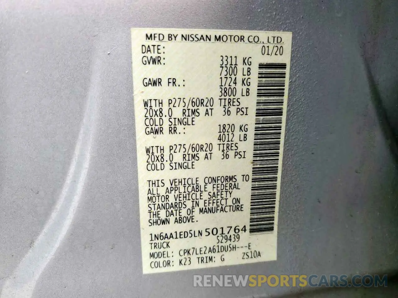 12 Photograph of a damaged car 1N6AA1ED5LN501764 NISSAN TITAN 2020