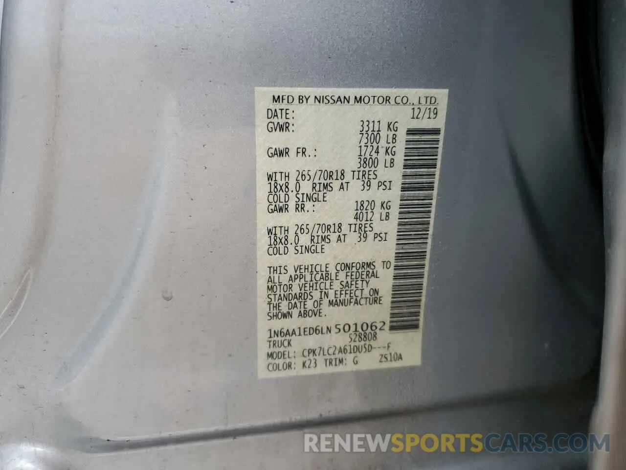 12 Photograph of a damaged car 1N6AA1ED6LN501062 NISSAN TITAN 2020