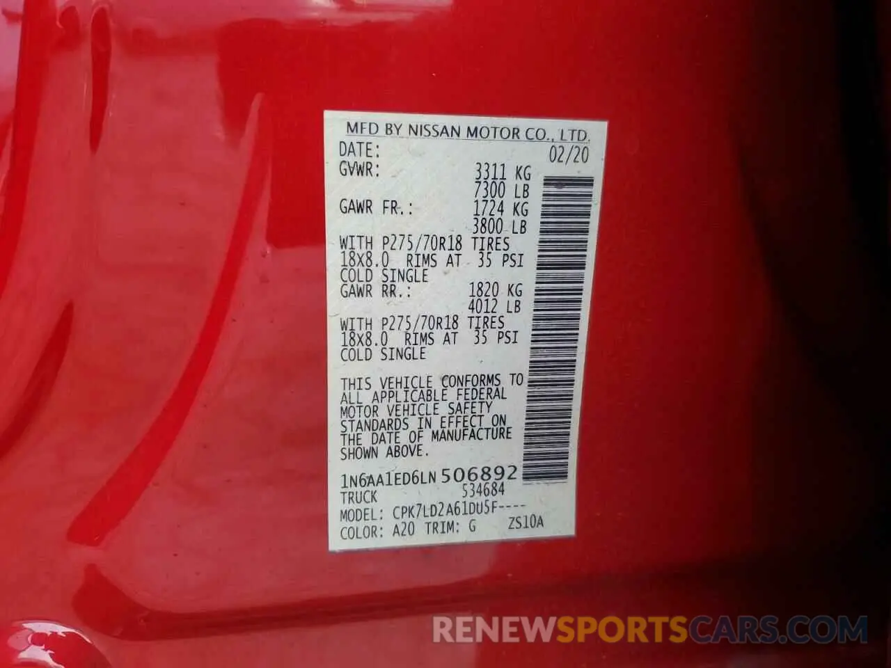 13 Photograph of a damaged car 1N6AA1ED6LN506892 NISSAN TITAN 2020