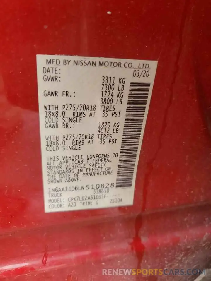 12 Photograph of a damaged car 1N6AA1ED6LN510828 NISSAN TITAN 2020