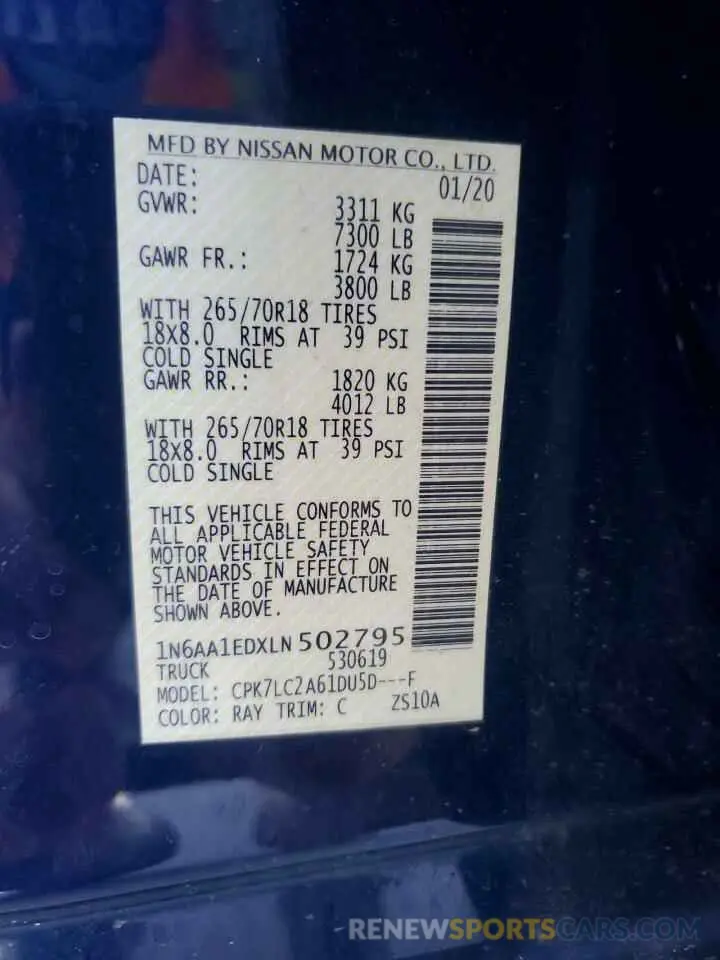 13 Photograph of a damaged car 1N6AA1EDXLN502795 NISSAN TITAN 2020