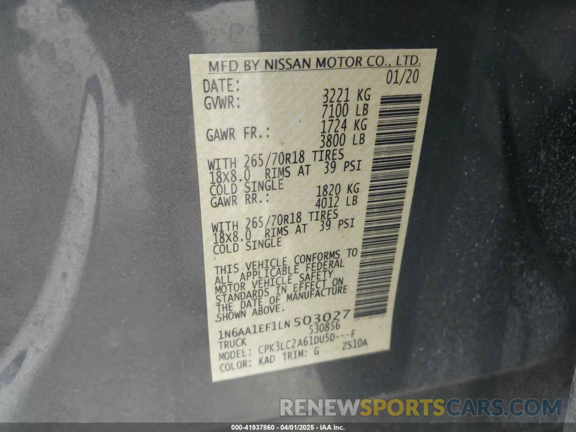 9 Photograph of a damaged car 1N6AA1EF1LN503027 NISSAN TITAN 2020
