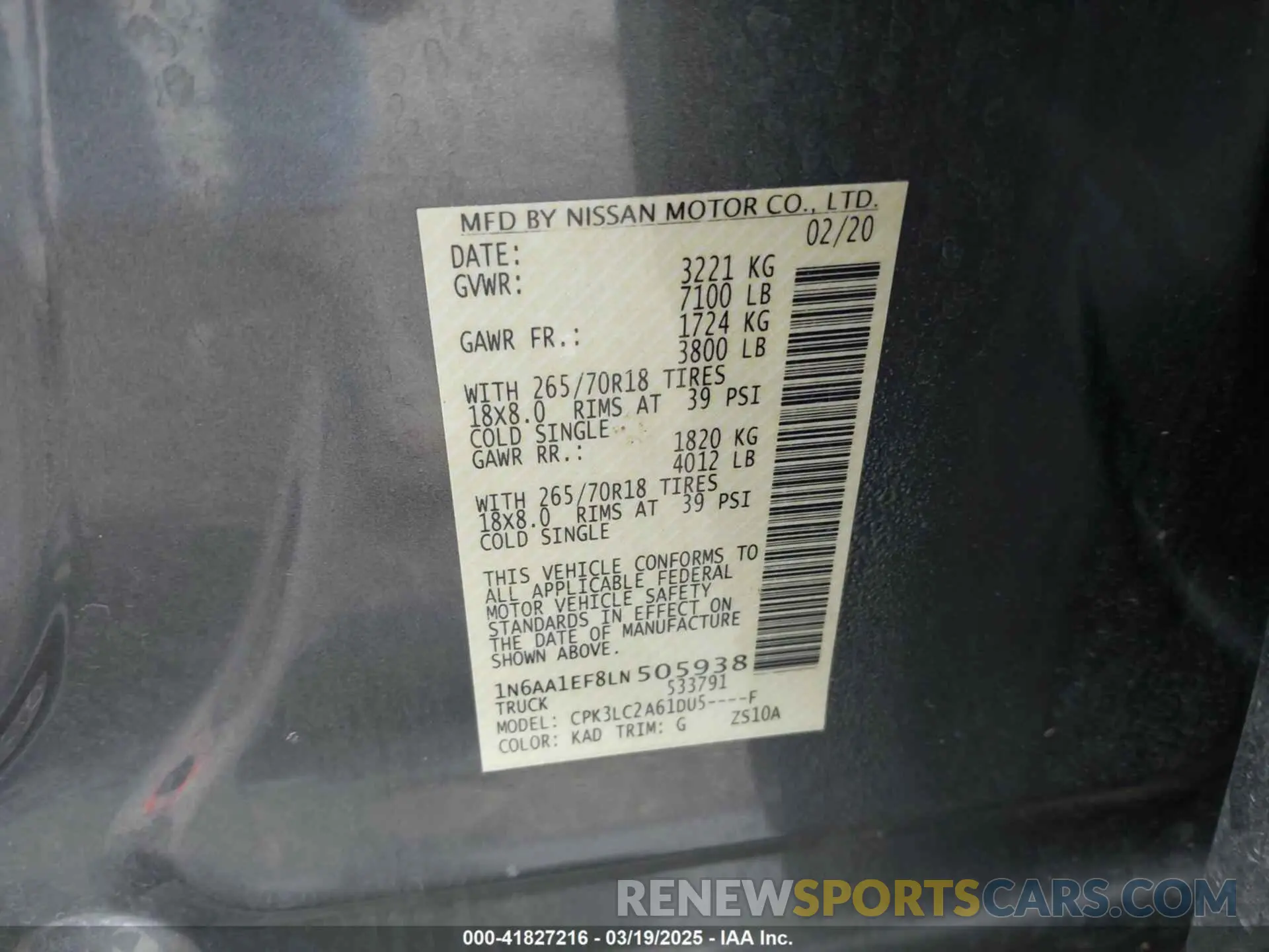 9 Photograph of a damaged car 1N6AA1EF8LN505938 NISSAN TITAN 2020